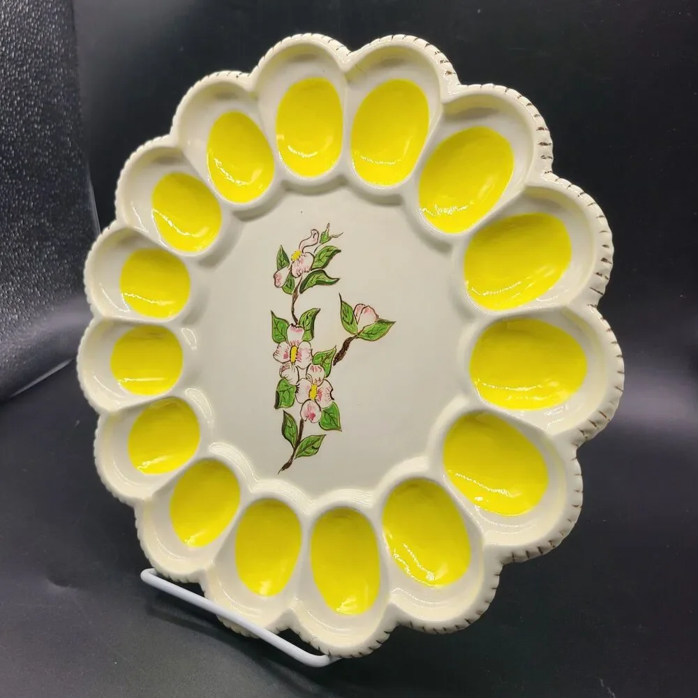 VTG 1990 Hand Painted Deviled Easter Egg Plate Platter 15 Eggs Ceramic Floral
